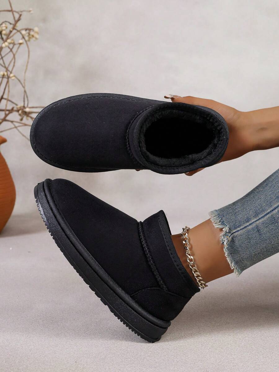 Botas de Piel de Talla Grande Versátiles con Suela Gruesa, Botas de Tobillo sin Cordones Estilosas para Interior/Exterior, Botas de Nieve Cálidas - Negro - Ver 1