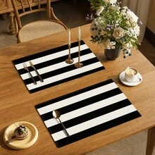 1pc Black And White Striped Linen Placemat, Breakfast Mat, Coffee Mat, Cup Mat, Bowl Mat, Home Kitchen Decor Accessory, Easy To Clean Placemat, Suitable For Home, Restaurant, Restaurant Decor, Holiday Gift, Gift For Friends, Multi-Piece Set - Multicolor - View 4
