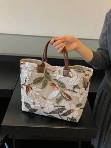 新款大容量 PVC 亮片花卉刺繡托特包 休閒度假風手提包 沙灘包 適合海邊度假 女款時尚手提包 - 咖啡棕 - 查看 6