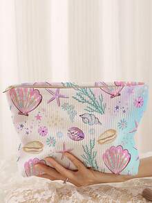 1 pieza Bolsa de almacenamiento de cosméticos portátil con estampado de estrella de mar y concha, impresión de doble cara, bolsa de maquillaje con cremallera para viaje, organizador multifuncional de artículos de tocador - Multicolor - Ver 1
