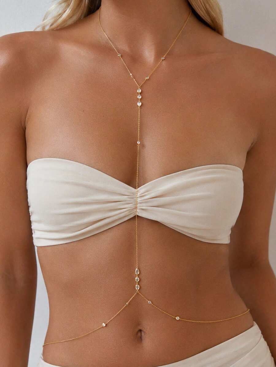 STONEFANS 1pc Gold Sexy Bohemian Y-Shaped Necklace + Waist Chain Integrated Body Jewelry, Suitable For Women's Bikini, Beach, Summer Vacation, Party, Music Festival, Nightclub, Crop Top Outfit - Gold - View 1