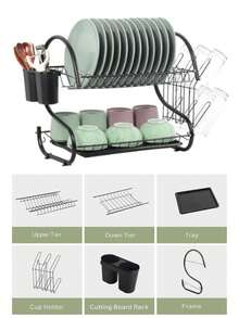2-Tier Black Kitchen Dish Rack And Utensil Storage Rack, Rust-Proof Metal Material, With Automatic Drainage Tray, Built-In Cutlery Holder, For Drying Plates And Bowls, Space-Saving Kitchen Countertop Organizer - A - View 4