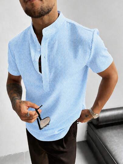 GloMan Men's Textured Henley Collar Light Blue Striped Short Sleeve Button-Up Casual Shirt, Breathable, Suitable For Vacation, Daily Wear, Golf, Streetwear, Summer, Gift For Husband/Boyfriend