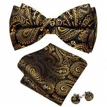 Jacqaurd Paisley Pattern Gold Bow Tie Hanky Cufflinks Complete Evening Party Accessory Kit - Gold - View 6