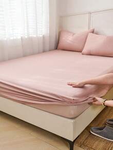 1pc 100% Pure Cotton Grey Pink Fitted Sheet, Deep Pocket Design, Solid Color Soft And Breathable, Suitable For All Seasons, Can Be Used As Mattress Protector, Bed Cover, Fitted Sheet, Soft And Breathable, Suitable For Various Bed Sizes - Twin, Full, Queen, King. Deep Pocket Design, Up To 11.8 Inches (Approx. 30cm), Also Can Be Used As Bed Cover, Fitted Sheet, Student Dorm Bedding. - Dusty Pink - View 4