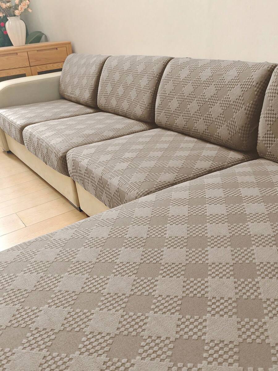 1pc Solid Color High Elasticity Detachable Machine Washable Autumn/Winter Sofa Seat Cushion Cover Suitable For Living Room Polyester Sofa Seat Cushion Cover Backrest Cover - Camel - View 1