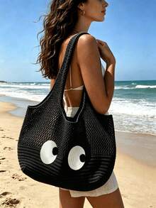 LFIRSTL Summer Beach Vacation Large Capacity Hollow Design Lightweight Portable Solid Color Knitted Tote Bag, Suitable For Beach Vacation Daily Commute Women's Shoulder Bag - Black - View 1
