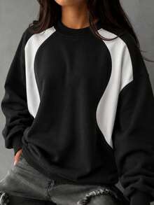 Sweatshirt Wanita Model Longgar Minimalis Warna Blok Patchwork Kasual Serbaguna untuk Musim Gugur/Dingin Terbaru - Hitam - View 2
