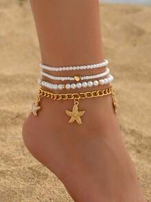 4pcs/Set Starfish Pendant Seed Bead Anklet Simple Faux Pearl Beaded Multi-Layer Foot Jewelry - White - View 5