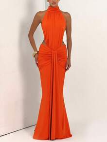 Elegante abito estivo lungo aderente con schiena scoperta, abito sexy senza maniche da donna per feste, discoteca, matrimonio, vacanza e autunno - Arancia Bruciata - Visualizzare 5
