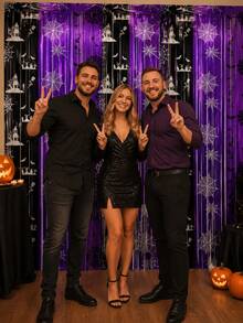 1/2pcs 1m X 2m Black & Purple Halloween Foil Fringe Curtain, PET Metallic Sequin Backdrop With Spider Web, Bat, Haunted House Print, Self-Adhesive Door Wall Photo Booth Decoration Fringe, Suitable For Party Entrance, Home Bar Room Holiday Scene Decor - Rain Curtain - View 3