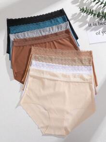 FINETOO 8pcs French Lace High Waist Women's Panties, Solid Color Seamless Bodycon Skin-Friendly Daily Triangle Shorts, Multi-Color - Multicolor - View 4