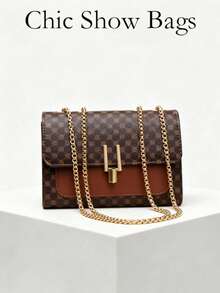Elegante bolso cruzado de hombro con cadena de cuero PU acolchado para mujer, bolso mensajero minimalista de lujo para llevar bajo el brazo, estampado a cuadros, forro de poliéster, lavable - Marrón - Ver 1