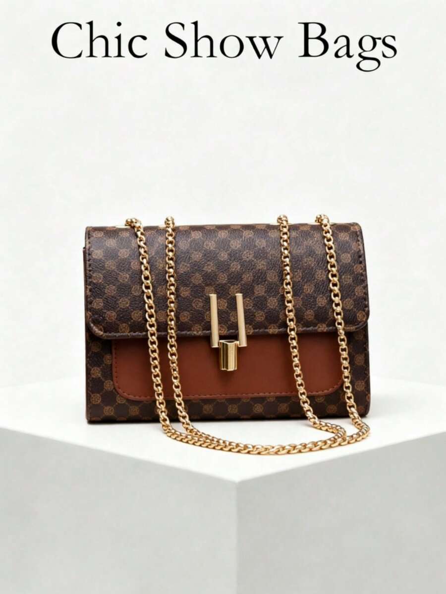 Elegante bolso cruzado de hombro con cadena de cuero PU acolchado para mujer, bolso mensajero minimalista de lujo para llevar bajo el brazo, estampado a cuadros, forro de poliéster, lavable - Marrón - Ver 1