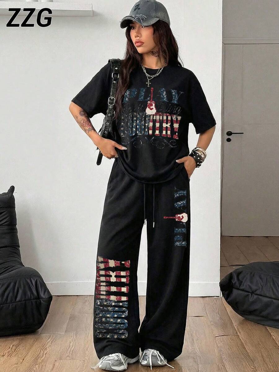 ZZG 女款春夏「美國國旗吉他」印花街頭風 Y2K 時尚黑色短袖 T 恤 + 抽繩寬鬆長褲 2 件套 - 黑色 - 查看 1