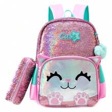 3pcs/Set Girls Cute Iridescent Cat Sequin Backpack Set, Cartoon Cat School Bag With Crossbody Bag And Pencil Case - Girls Backpack - View 6