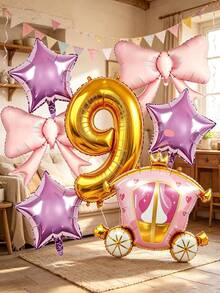 Dream Princess Carriage Balloon Set, Includes Gold Number, Bow, Star And Carriage Balloons, Suitable For Princess Theme Birthday Decoration, Fairy Tale Style Party And Other Occasions - View 1