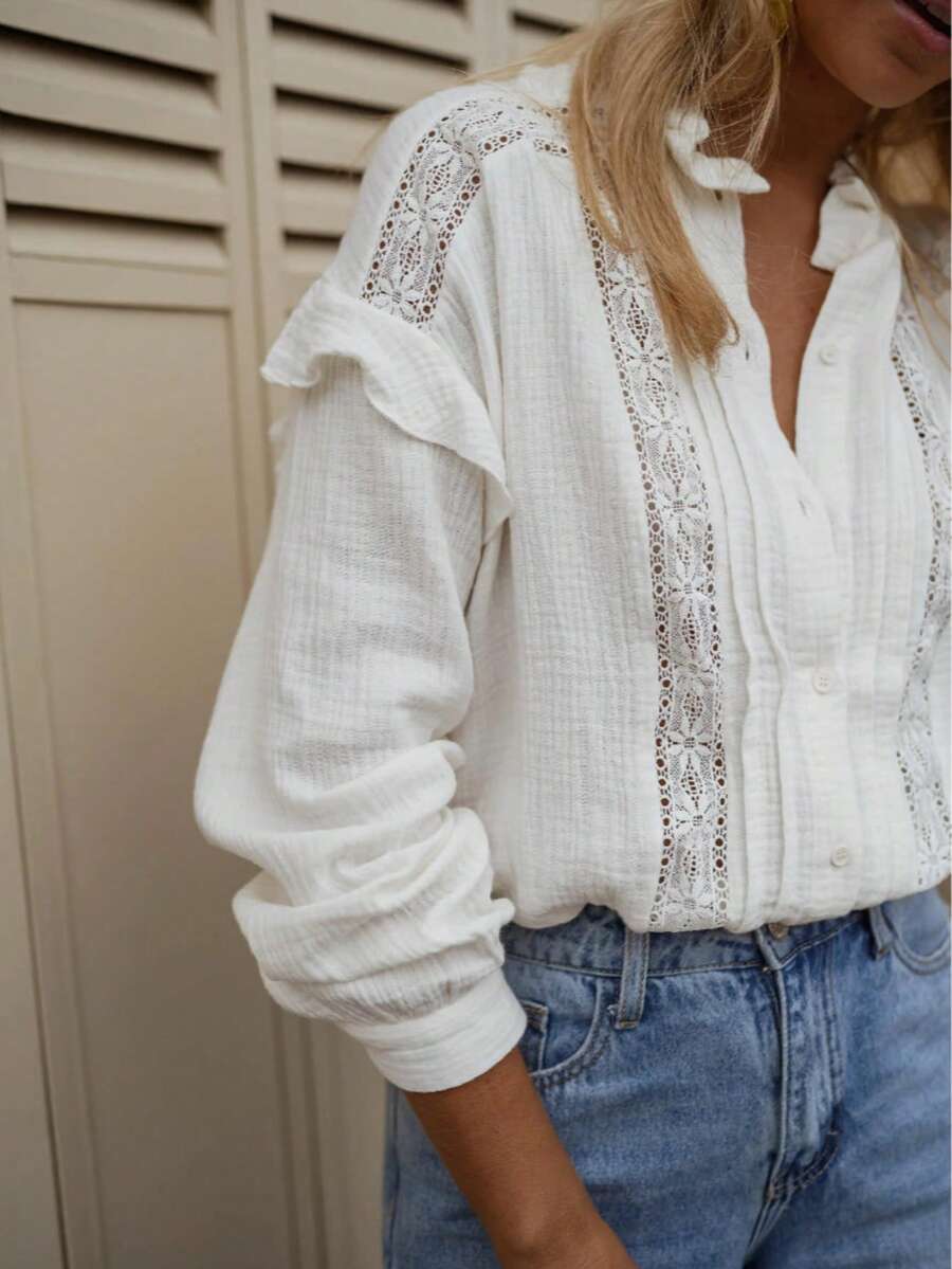 Blus Katun Putih Berpotongan Renda Terlaris dengan Kerah Berkerut - Atasan Lengan Panjang untuk Sehari-hari & Padu Padan - Putih - View 1