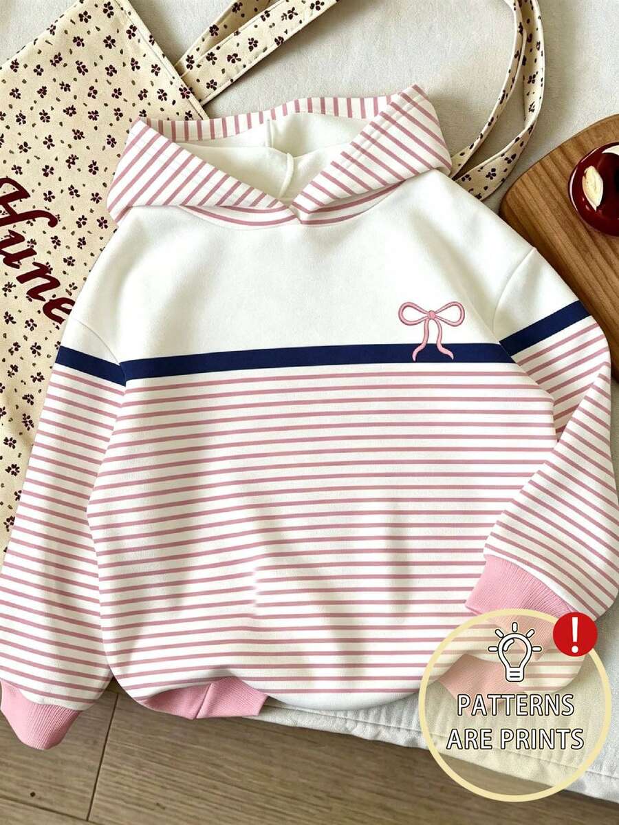 Young Girl Bow Pattern Warm Hooded Sweatshirt - White - View 1