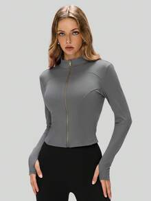 NcmRyu Women's 1pc Metal Zipper Small Stand Collar Thumb Hole Long Sleeve Slim Fit Sports Jacket - Grey - View 5