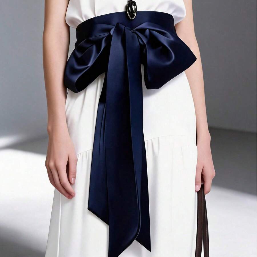 1 pieza Cinturón ancho de seda de satén con lazo de moda para mujer, para vestido y blusa - azul - Ver 1