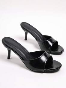 2026 Black Glossy Square Toe Open Toe Narrow Strap Thin Kitten Heel High Heel Slides For Women, Minimalist Outdoor Wear, Spring Summer Export Shoes - Black - View 2