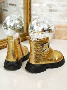 Kids Autumn/Winter Shiny Crocodile Embossed Rhinestone Square Buckle Boots With Side Zipper Thick Sole Runway Boots - Gold - View 3