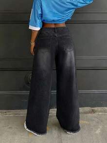 Women's Vintage Frayed Hem Wide Leg Denim Jeans - Black - View 2