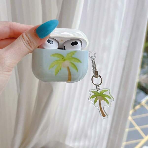 1pc Light Blue Coconut Tree Print Earphone Case With Matching Palm Pendant, Anti-Scratch Soft Cover Compatible With AirPods 1/2/3/Pro/Pro2, Summer Beach Bluetooth Headset Protective Shell With Keychain