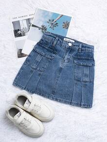 2-8 Years Young Girl Vintage Light Wash Denim Pleated Cargo Skirt With Pants, New Multi-Pocket Design, Flat Waistband With Built-In Elastic For Adjustable Fit, Knee-Length, Suitable For All Seasons, Acid Wash Process, Denim Pleated Utility Mini Skirt - Light Wash - View 4