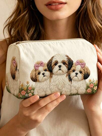 Bowknot Dachshund Pattern Makeup Bag (Flat, Non-Embroidered) - Portable And Lightweight, Stackable Storage; Featuring Zipper Design, Breathable Mesh And Washable Lining; Suitable For Storing Makeup Brushes, Lipsticks, Skincare Bottles, Jewelry And Other Items, Meeting Daily Organization, Overnight Travel, Vacation And Gym Storage Needs, An Ideal Choice For Travel Enthusiasts, Helping You Organize Small Items Neatly And Conveniently (2D Pattern, Non-Embroidered)