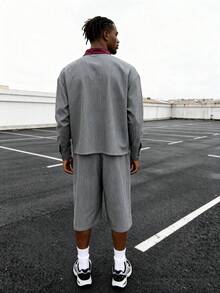 Modcrash American Retro Striped Colorblock Digital Print Long Sleeve Shirt & Loose Wide Leg Capri Pants 2pcs Set For Men - Grey - View 5