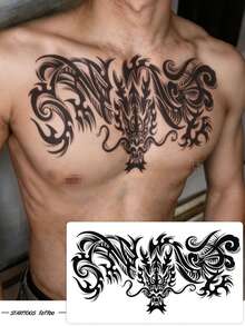STARTTOOS 1pc Large Arm Tattoo Sticker For Men, Black Totem Dragon Pattern Temporary Tattoo Sticker For Arm, Chest, Abdomen, Back, Leg, Party Gift, DIY Holiday Gift - Black - View 1