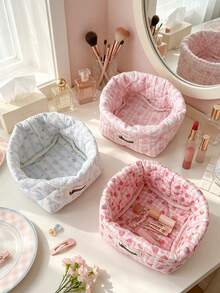 Cute Foam Quilted Desktop Items Storage Bucket Bow&Heart Print Makeup Basket Folding Floral Print Cosmetics Bag Household Sundries Storage Basket - Multicolor - View 3