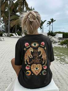 Nueva Colección Verano 2026, Blusas de Mujer, Blusa Casual Holgada de Verano para Mujer Estilo Bohemio con Estampado de Doble Cara, Tigre, Ojos y la Frase "YOU ARE THE" - Negro - Ver 3