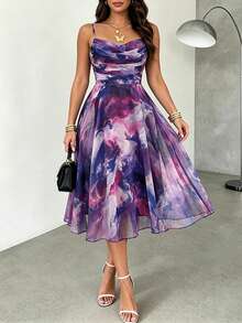 ChicMe Women's Ombre Print Ruched A-Line Sleeveless Midi Dress, Back Zipper Design, Casual Elegant, Suitable For Daily And Vacation Wear - Purple - View 6