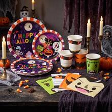 10/20/70pcs Cute Funny Monster Halloween Disposable Tableware Set, Mummy Monster Fang Pumpkin Ghost Print Paper Plates Cups Napkins, Halloween Party Disposable Tableware, Halloween Trick Or Treat Table Decor - View 6