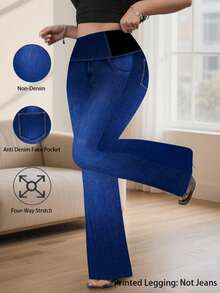 Women's Plus Size Slim Fit Denim Effect Printed Flare Pants, Medium Stretch, Exquisite Details, Fashionable And Comfortable - Blue - View 2