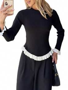 Yepolly-Pop Atasan Rajut Bergaris Musim Gugur/Musim Dingin Wanita, Sweater Lengan Panjang dengan Hiasan Ruffle Hitam, Pakaian Kasual untuk Kantor - Hitam dan Putih - View 6