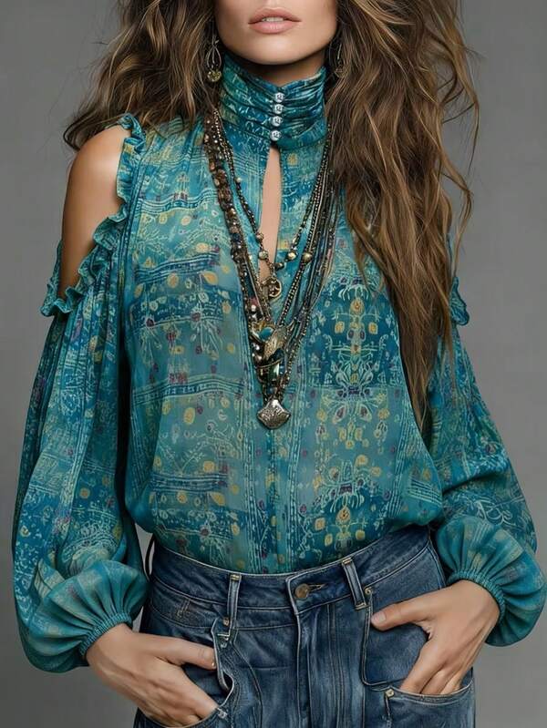 Pakaian Wanita Musim Semi/Gugur, 1 buah Blus Chiffon Motif Bunga Vintage Tanpa Bahu, Atasan Lengan Panjang Semi-Transparan Modis untuk Pakaian Sehari-hari Musim Semi/Panas/Gugur, Kemeja Chiffon Wanita Elegan dengan Desain Gaya Bohemian, Cocok untuk Perjalanan Pantai dan Liburan