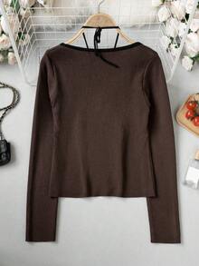 Autumn/Winter Sweet & Spicy Style Square Neck Colorblock Lace Patchwork 2 In 1 Square Neck Base Layer Top Women's Design-Driven Fitted Long Sleeve Sweater - Coffee Brown - View 10