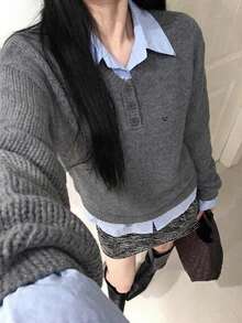 YCYC Korean Chic Autumn New Minimalist Shirt Collar 2 In 1 Long Sleeve Knit Sweater - Grey - View 2