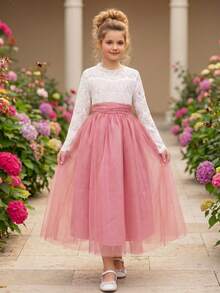 Tween Girl Hollow Back Long Sleeve Pearl Lace Contrast Mesh Tie Party Evening Gown - Dusty Pink - View 6