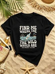 Find Me Where The Wild Waves Are. T-Shirt. Quality Fabric, Urban Hip-Hop, Comfortable, Durable, Graphic Design. - Black - View 2