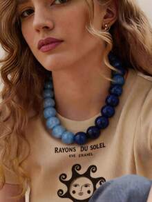 1pc Blue Gradient Chunky Resin Bead Necklace For Women - Large Marble Swirl Effect Bead Choker Necklace, Bold Vintage Jewelry - Necklace - View 1