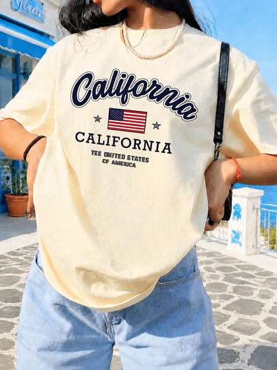 ZZG Áo thun nữ Es Trus mùa hè phong cách đường phố Y2K, in họa tiết "California +Flag Star", màu mơ, cổ tròn, tay ngắn dáng rộng