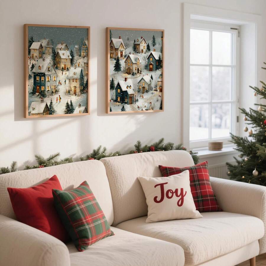 Unframed 1/2Pcs Winter Christmas Village Canvas Prints, Snow Town Cozy House Oil Painting Wall Decor For Living Room Mantel Entryway Farmhouse Cabin - A - View 1