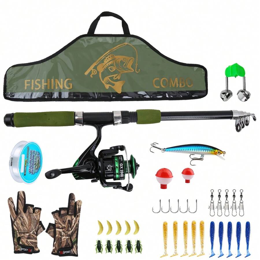 KecchKrezing Military Style Fishing Rod Reel Set, One-Stop Kit Including Pre-Wound Reel, Hard And Soft Baits, Hooks, Floats, Tackle Box And Storage Bag, Camping Outdoor Fishing Set
