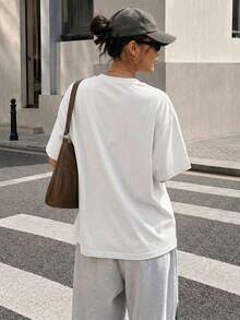 Women's White Y2K Script Letter Graphic Oversized T-Shirt, Drop Shoulder Crew Neck Short Sleeve Loose Fit Streetwear Campus Back To School Sports - White - View 2