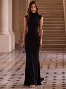 New Elegant Pure Black Faux Collar Sleeveless Fitted Long Dress, Slit Hem Knit Evening Gown, Suitable For Banquets, Wedding Guests And Cocktail Parties - Black - View 9